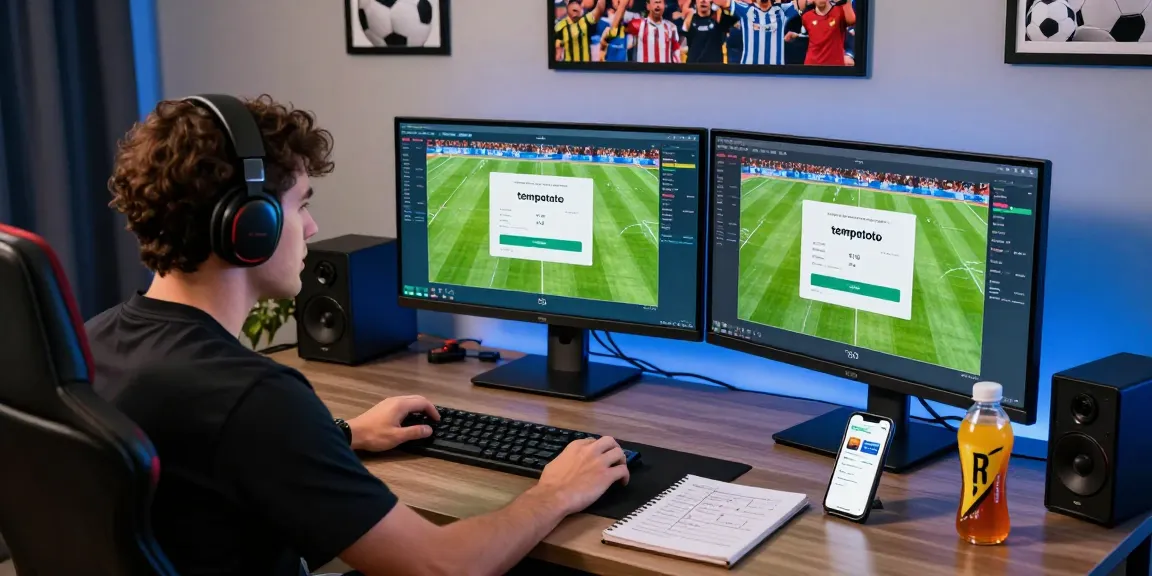 Engaged gamer using TEMPOTOTO login to place bets during live football matches, surrounded by sports memorabilia and betting paraphernalia.