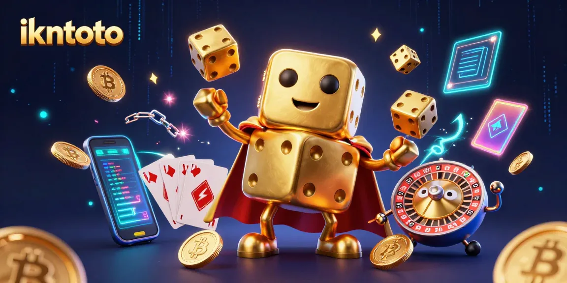 Engage with ikntoto's vibrant 3D casino scene showcasing a golden dice golem and crypto elements.