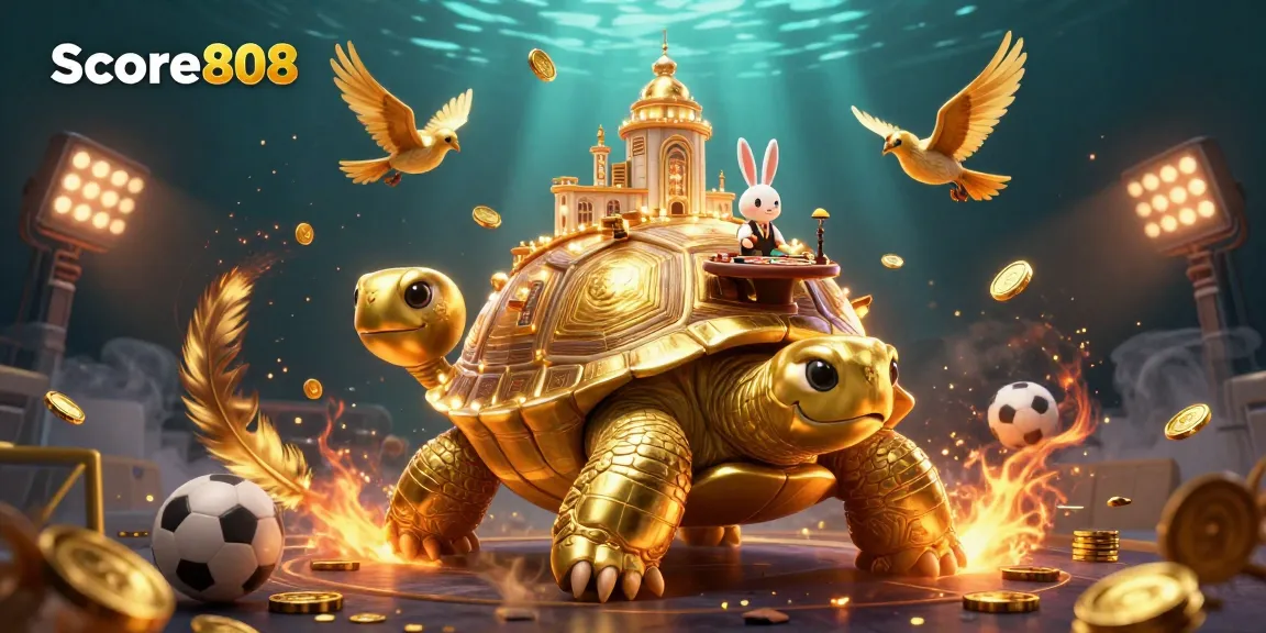 Experience the exhilarating world of Score808 with a golden tortoise casino and vibrant sports betting elements.
