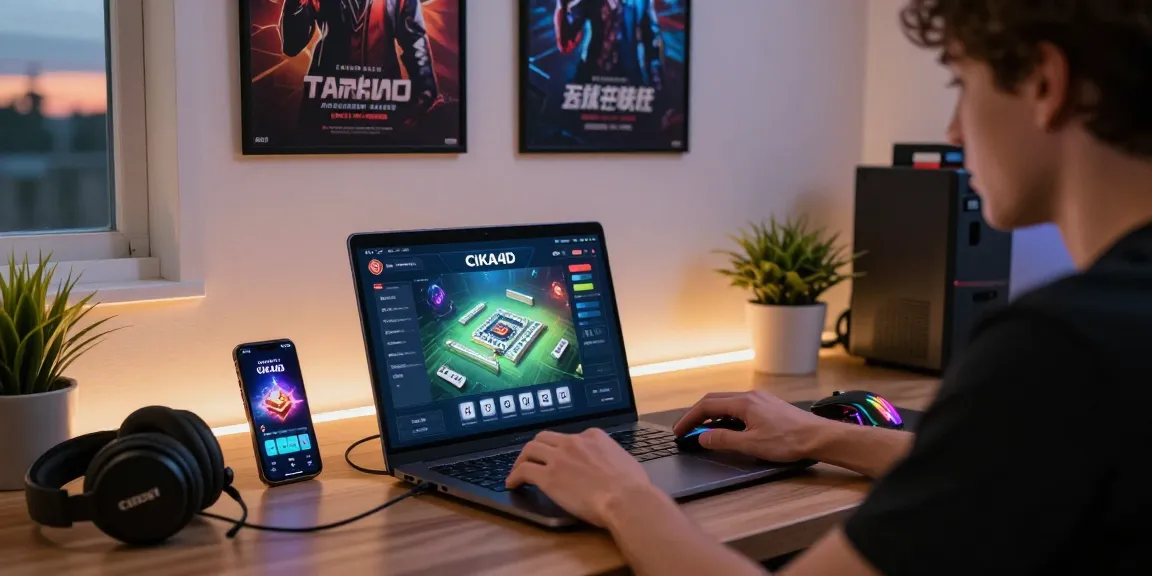 Engaging scene of a user accessing CIKA4D for Mahjong online gameplay in a modern home office.