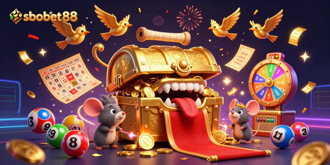 Experience the excitement of sbobet88 with a vibrant, dynamic casino scene featuring treasure chests and lottery elements.